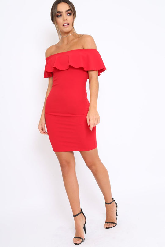 Red Frill Bardot Midi Dress - Bridget