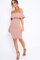Rose Frill Bardot Midi Dress - Bridget