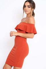 Rust Frill Bardot Midi Dress - Bridget