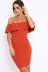 Rust Frill Bardot Midi Dress - Bridget