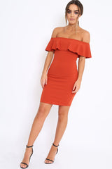 Rust Frill Bardot Midi Dress - Bridget