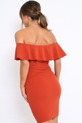 Rust Frill Bardot Midi Dress - Bridget