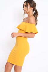 Mustard Frill Bardot Midi Dress - Bridget