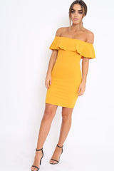 Mustard Frill Bardot Midi Dress - Bridget