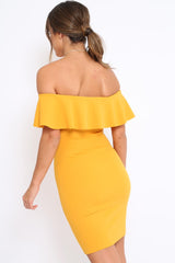 Mustard Frill Bardot Midi Dress - Bridget