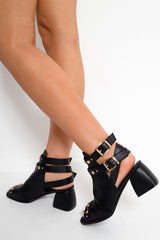 Black Double Buckle Gold Stud Block Heel Boots - Bridie