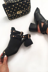 Black Double Buckle Gold Stud Block Heel Boots - Bridie