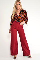 Wine Tailored Wide Leg Belted Trousers - Chenelle