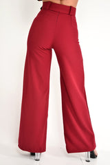 Wine Tailored Wide Leg Belted Trousers - Chenelle