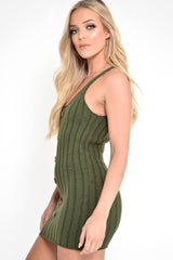 Khaki Knit Button Front Cami Dress - Devora