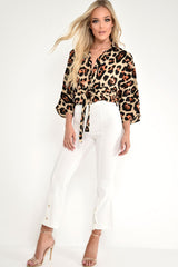 Beige Leopard Tie Front Button Down Blouse - Janiylah