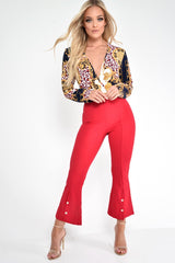 Red Cropped Bell Button Bottom Trousers - Daisie