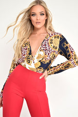 Navy Scarf Print Plunge Long Sleeve Bodysuit - Taylie