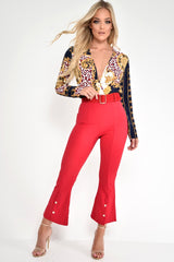 Red Cropped Bell Button Bottom Trousers - Daisie