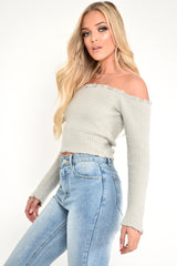 Grey Soft Knit Bardot Crop Jumper - Sidnee