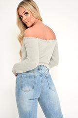 Grey Soft Knit Bardot Crop Jumper - Sidnee