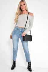 Grey Soft Knit Bardot Crop Jumper - Sidnee