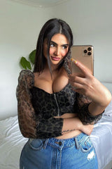 Khaki Leopard Mesh Puff Sleeve Crop Top - Miri