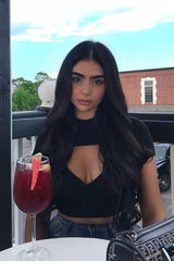 Black Ribbed Keyhole Cut Out High Neck Crop Top - Roniya