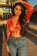 Orange Satin Cut Out Tie Front Bodysuit - Ezabella