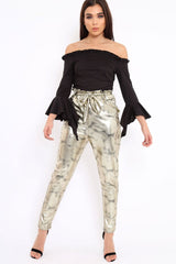 Gold Metallic Tie Waist Trousers - Brigette