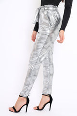 Silver Metallic Tie Waist Trousers - Brigette