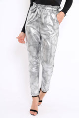 Silver Metallic Tie Waist Trousers - Brigette