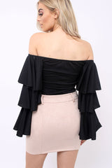 Black Bardot Top with Frill Sleeves - Brigid