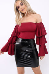 Wine Bardot Top with Frill Sleeves - Brigid