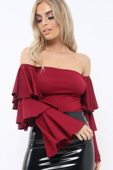 Wine Bardot Top with Frill Sleeves - Brigid