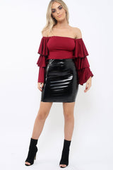 Wine Bardot Top with Frill Sleeves - Brigid