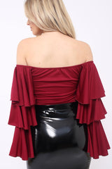 Wine Bardot Top with Frill Sleeves - Brigid