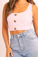 Pink Ribbed Button Front Crop Top - Brihana