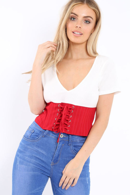 White Plunge Red Corset Lace Front Crop Top - Brinklee
