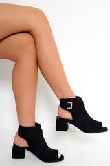 Black Faux Suede Open Front and Back Block Heel Boots - Brinlee