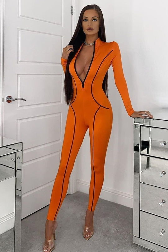 Orange Seam Detail Zip Front Jumpsuit - Liana