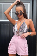 Nude Snake Mesh Plunge Bodysuit - Cecillia