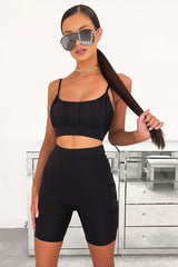 Black Ruched Panel Crop Top + Cycling Shorts Co-ord - Zariah