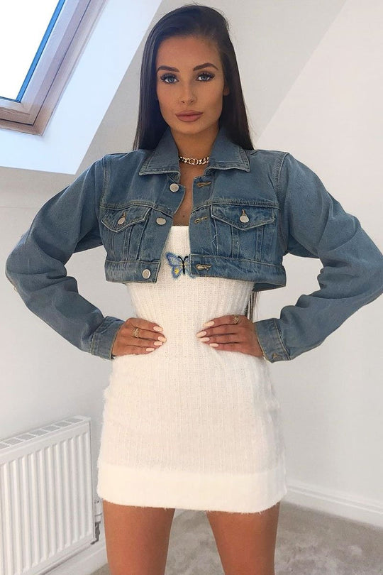 White Fluffy Yarn Butterfly Motif Mini Dress - Jamie