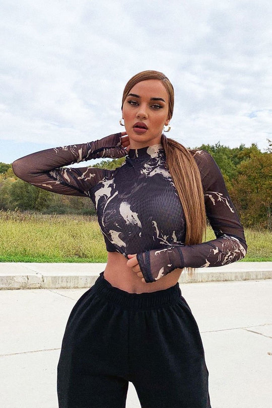 Black Marble Ruched Inside Mesh Crop Top - Mally