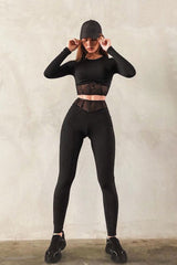 Black Mesh Corset Panel Crop Top Leggings Co-ord - Angela
