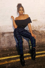 Navy Tartan Frill Detail Trousers - Bristal