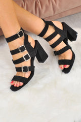 Black Faux Suede Multi Buckle Block Heels - Briya