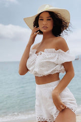 White Embroidered Flower Tie Front Crop Top - Garner