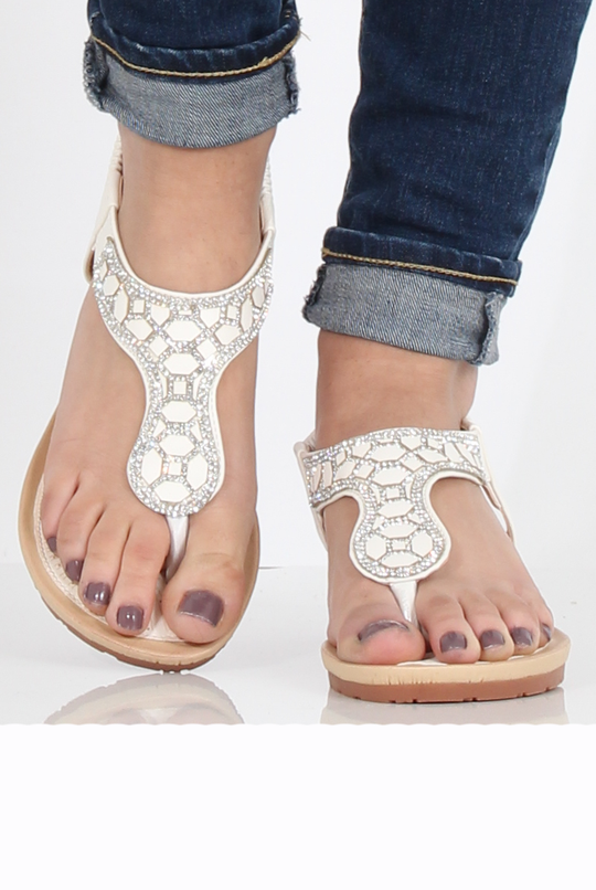 White Diamante Sling Back Toe Bar Sandals - Mara