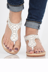 White Diamante Sling Back Toe Bar Sandals - Mara