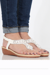 White Diamante Sling Back Toe Bar Sandals - Mara