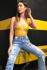 Mustard Lace Cross Back Bodysuit - Brogan