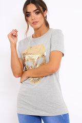 Grey Tshirt with Gold Skull Print - Brook