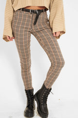 Brown Check Belted Tapered Trousers - Kierra